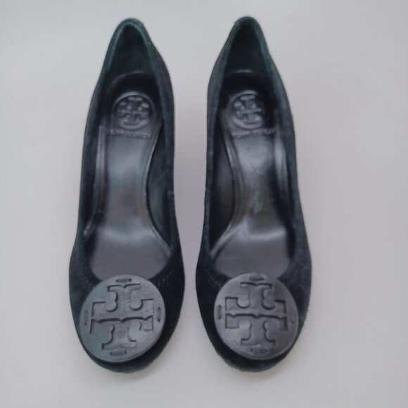 Tory Burch Shoes Sophie Miller Black Suede Wedge Leather Logo on Toe Womens 5 M - Picture 3 of 14